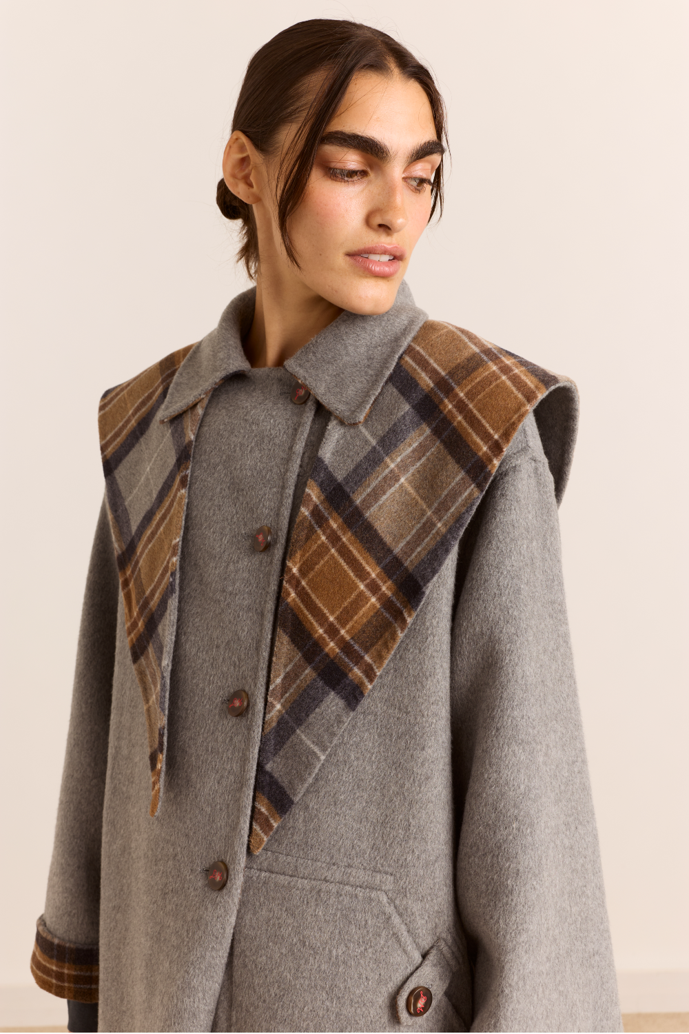 Reversible Wool Long Jerry  Coat -Swift Grey Check