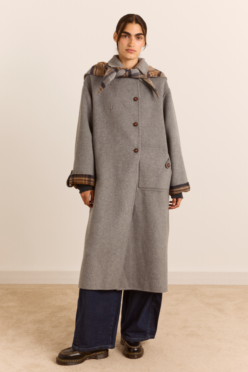 Reversible Wool Long Jerry  Coat -Swift Grey Check