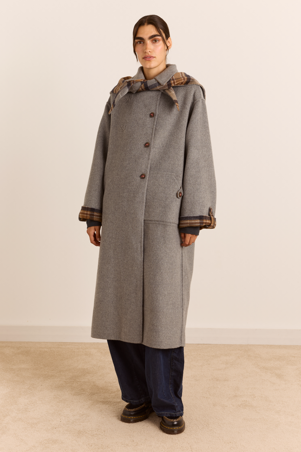 Reversible Wool Long Jerry Coat -Swift Grey Check – Damson Madder Reversible Wool Long Jerry Coat -Swift Grey Check – Damson Madder
