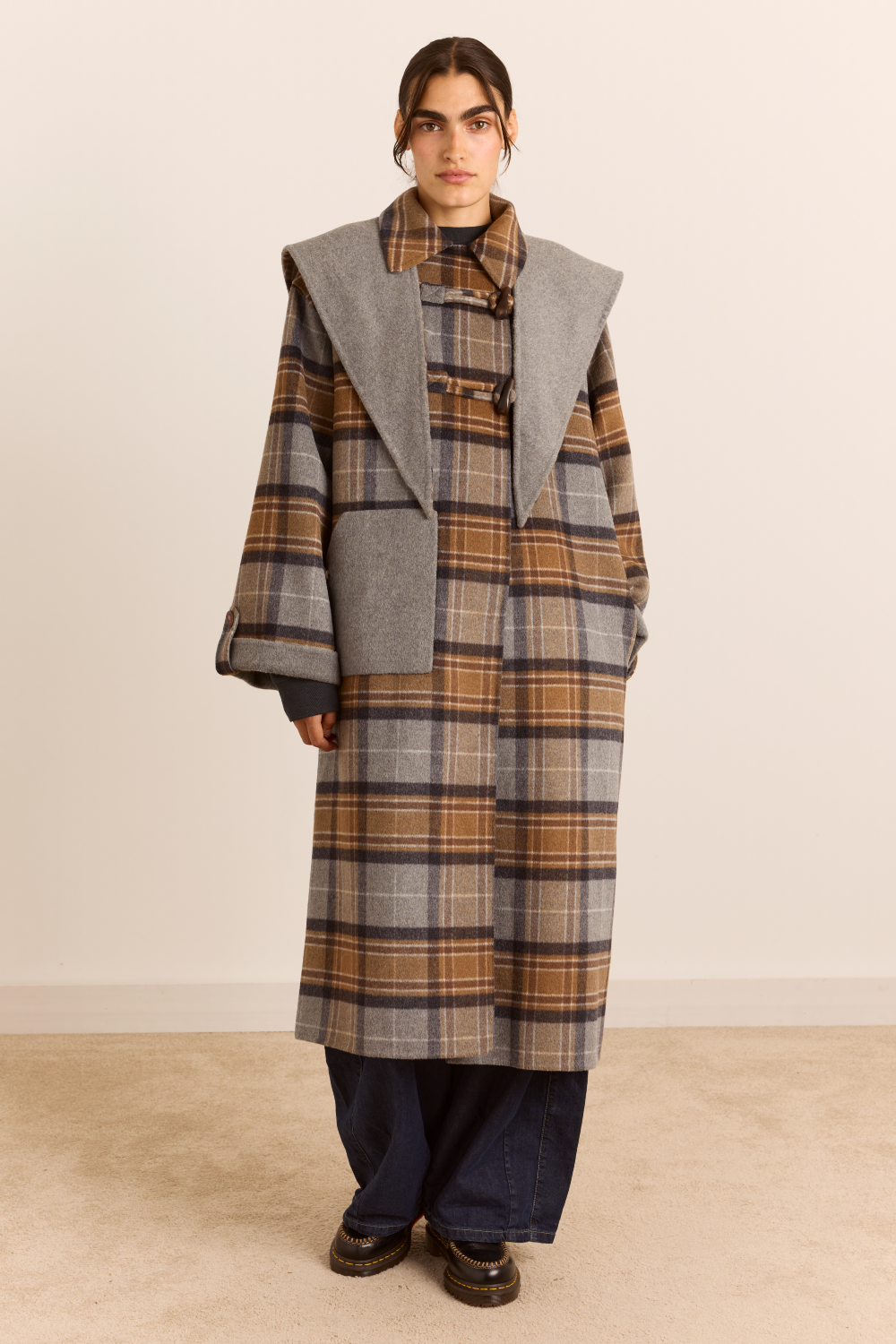 Reversible Wool Long Jerry  Coat -Swift Grey Check