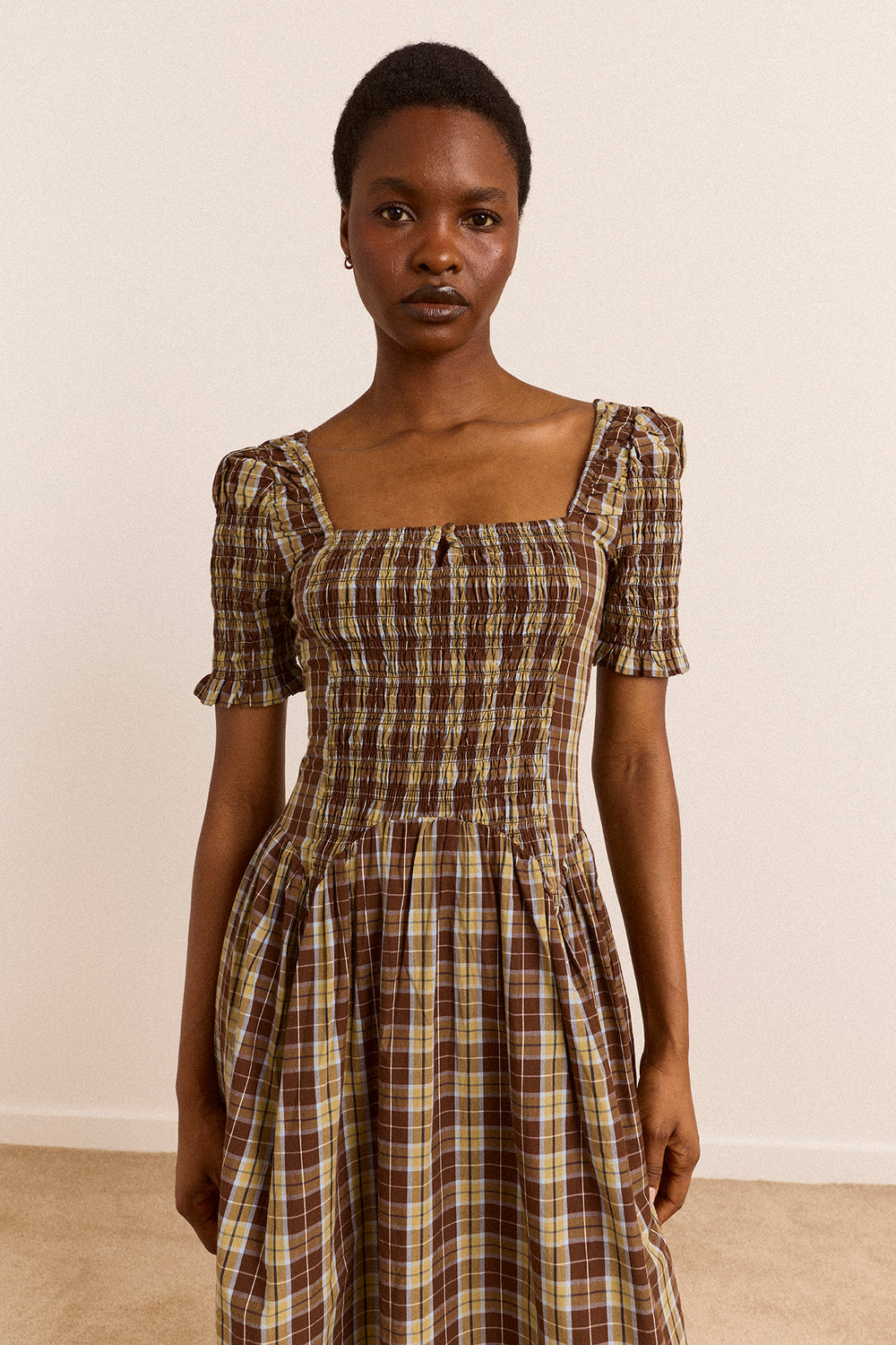 gingham shirred midi dress Navy/Black Gingham Shirred Midi Dress Me&B