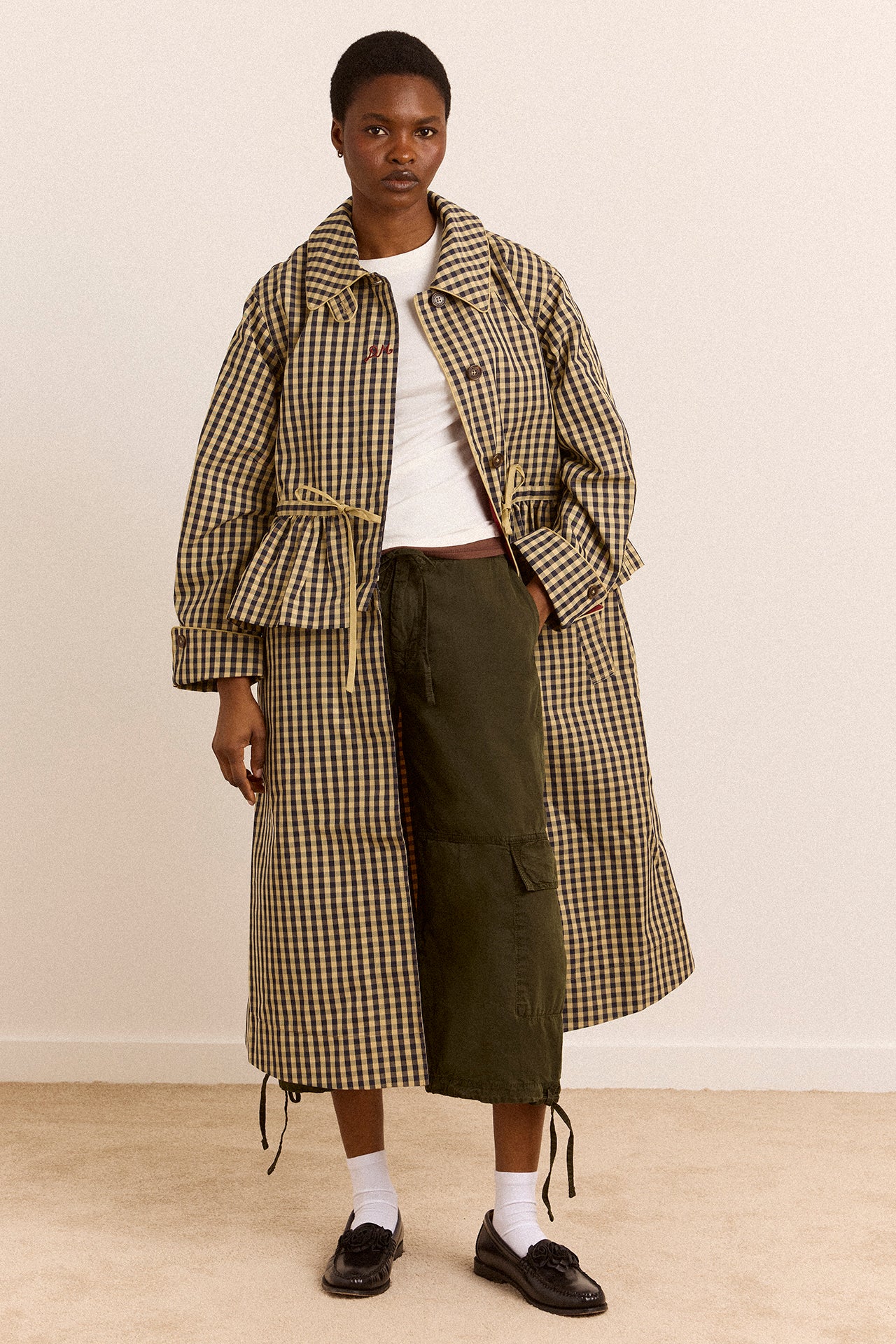 ジャケット・アウター MSGM Houndstooth Ruffle Trench Coat Myrtle Trench Coat - Navy Gingham – Damson Madder