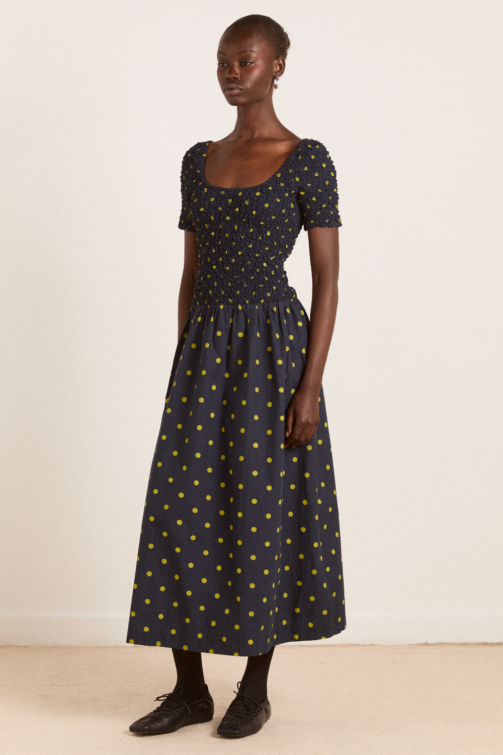 Malinda Super Smocked Midi Dress - Navy Olive Spot Damson Madder Malinda Super Smocked Midi Dress - Navy Olive Spot Damson Madder