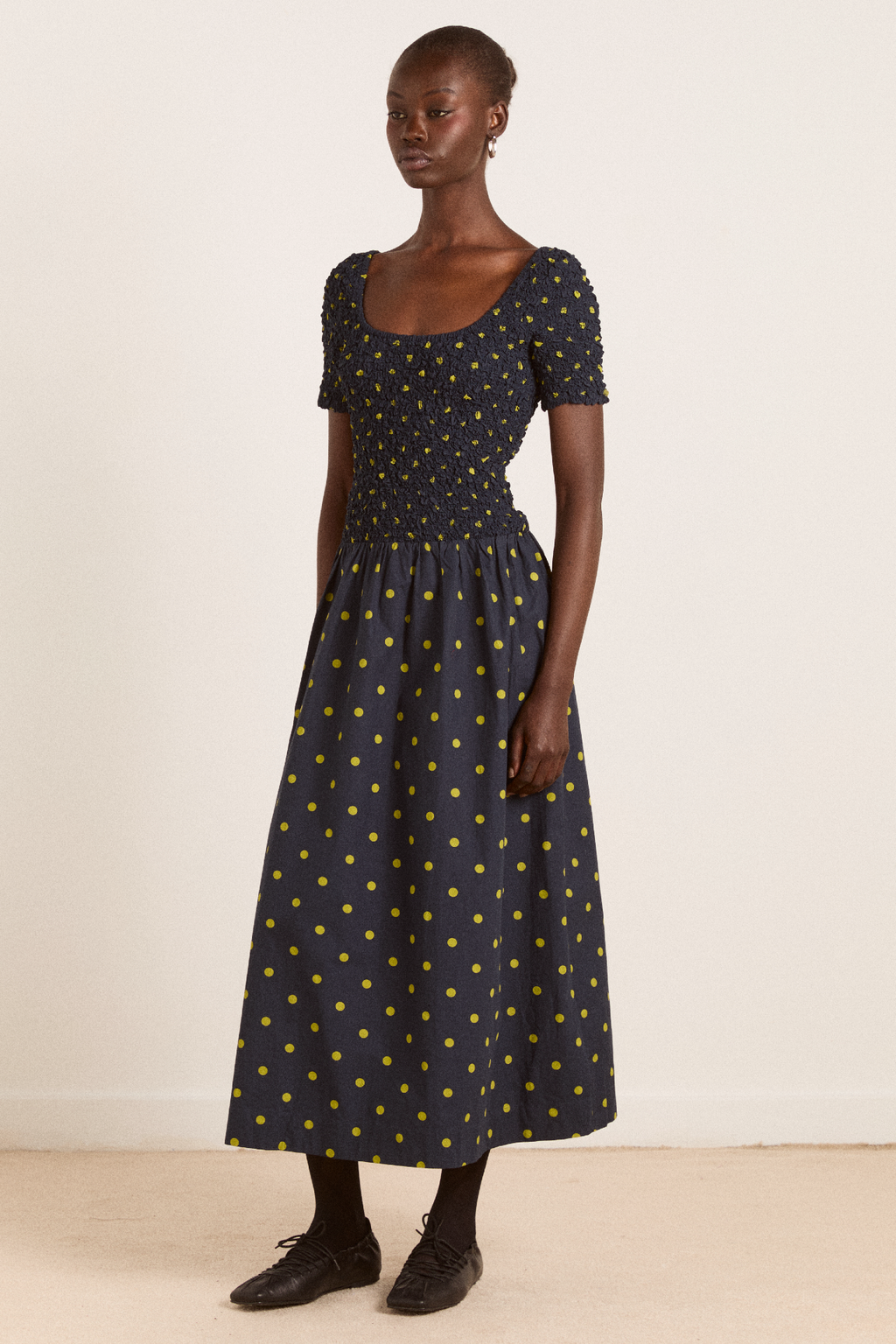 malinda super smocked midi dress - navy olive spot – Damson Madder