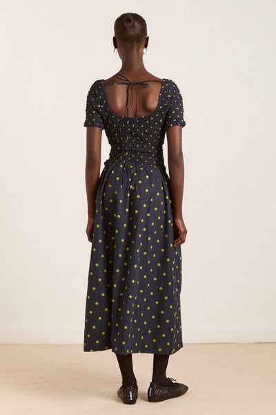 malinda super smocked midi dress - navy olive spot