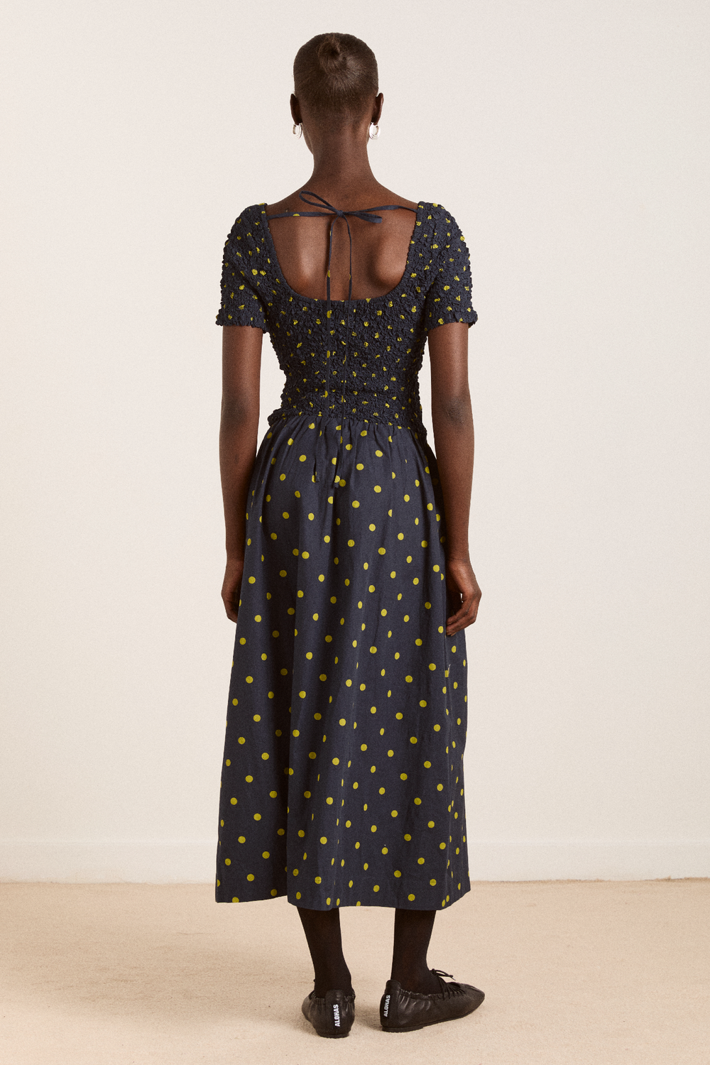 malinda super smocked midi dress - navy olive spot