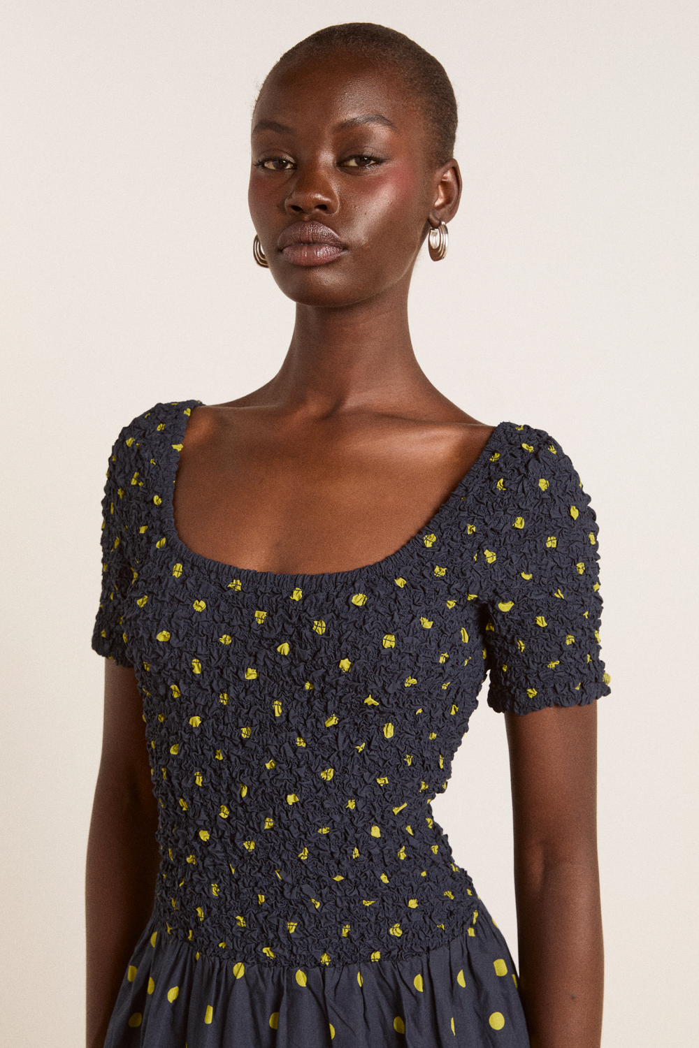 malinda super smocked midi dress - navy olive spot