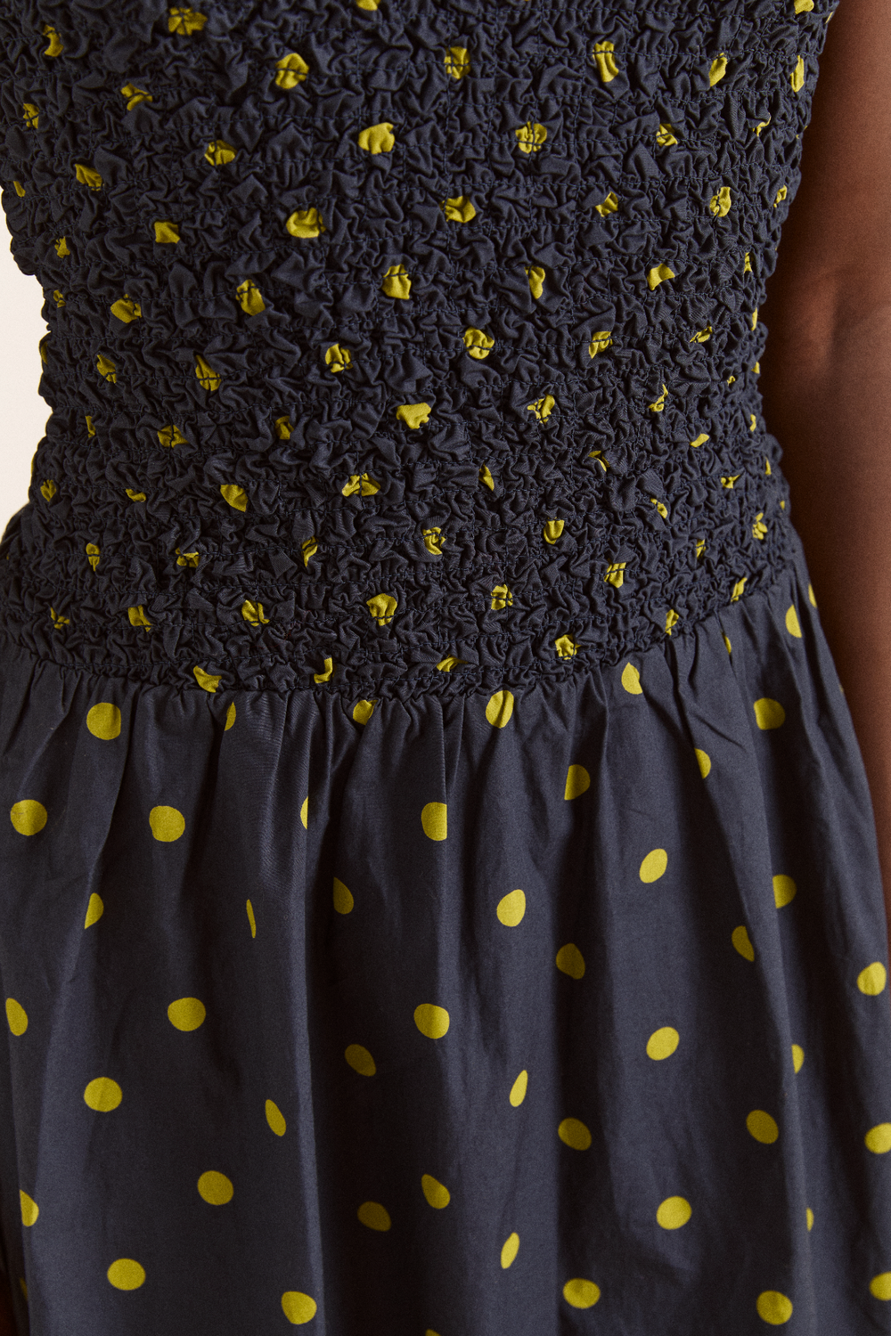 malinda super smocked midi dress - navy olive spot