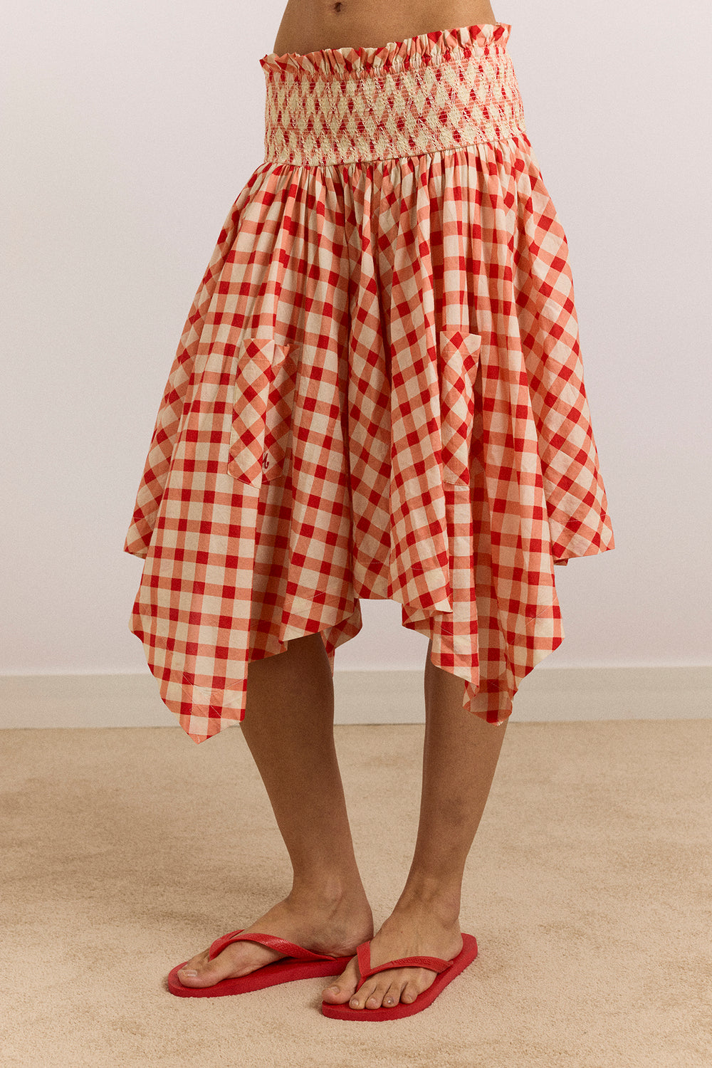 damson madder red check dress Damson Madder Mia Smocked Tiered Midi Dress