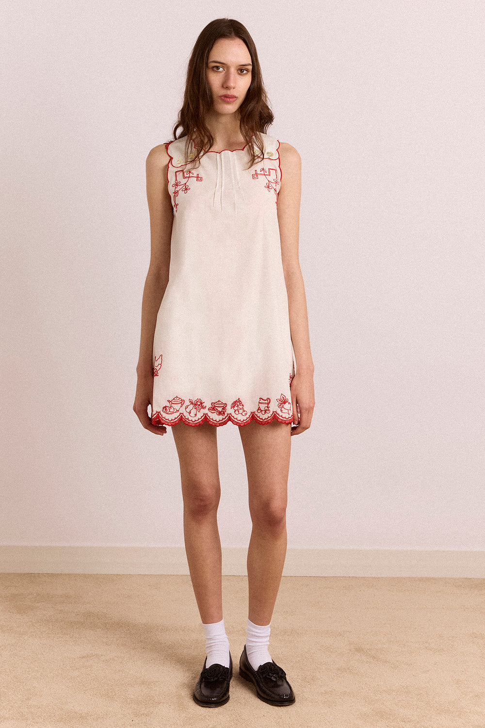 Natalina Wrap Mini Dress - White With Red Embroidery