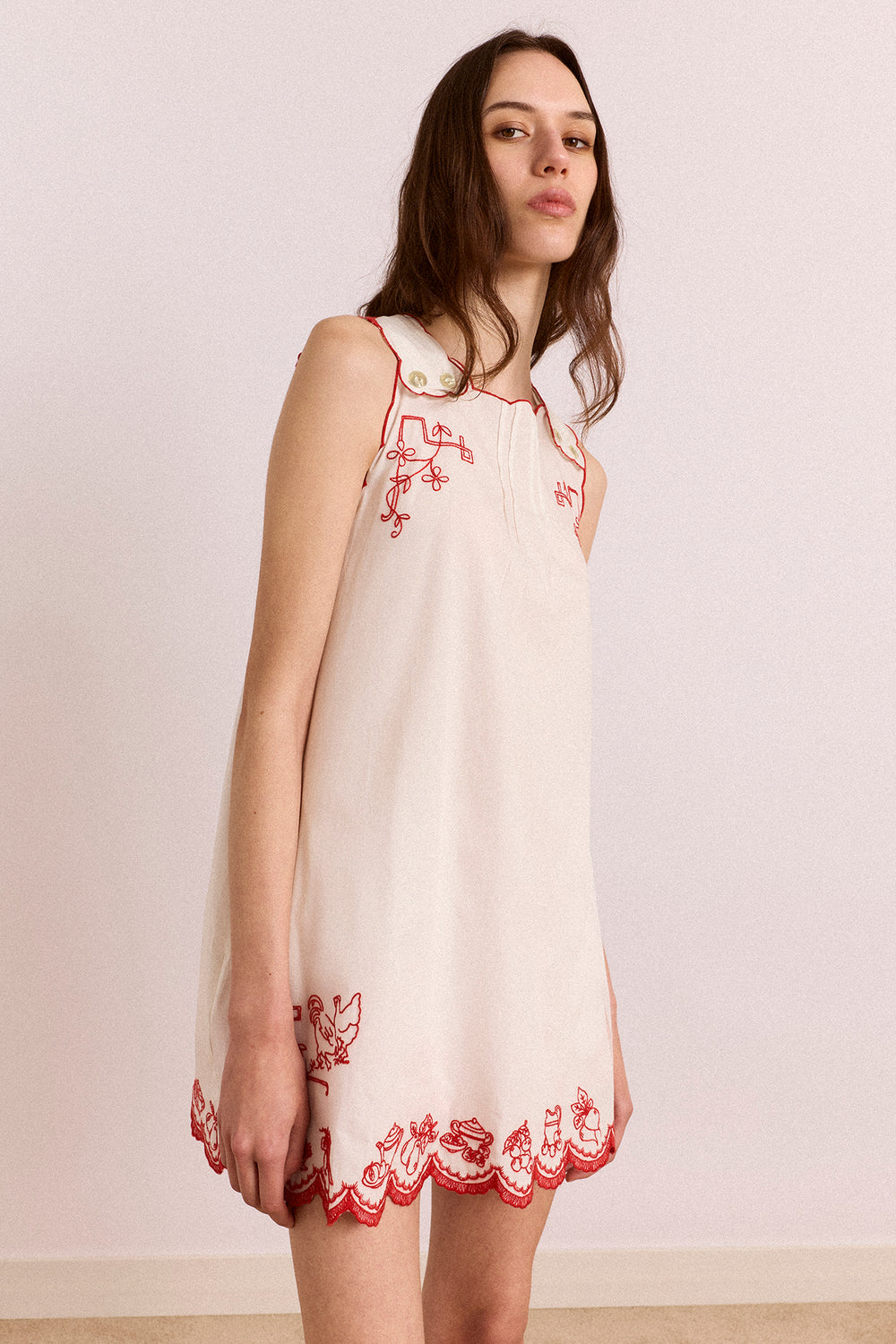 damson madder elspeth linen blend embroidered mini nap dress Damson Madder - Natalina Wrap Mini Dress - White With Red Embroidery