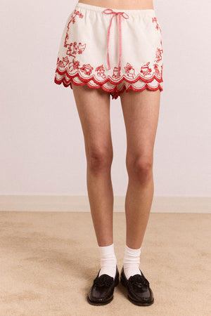 Natalina Short - White With Red Embroidery