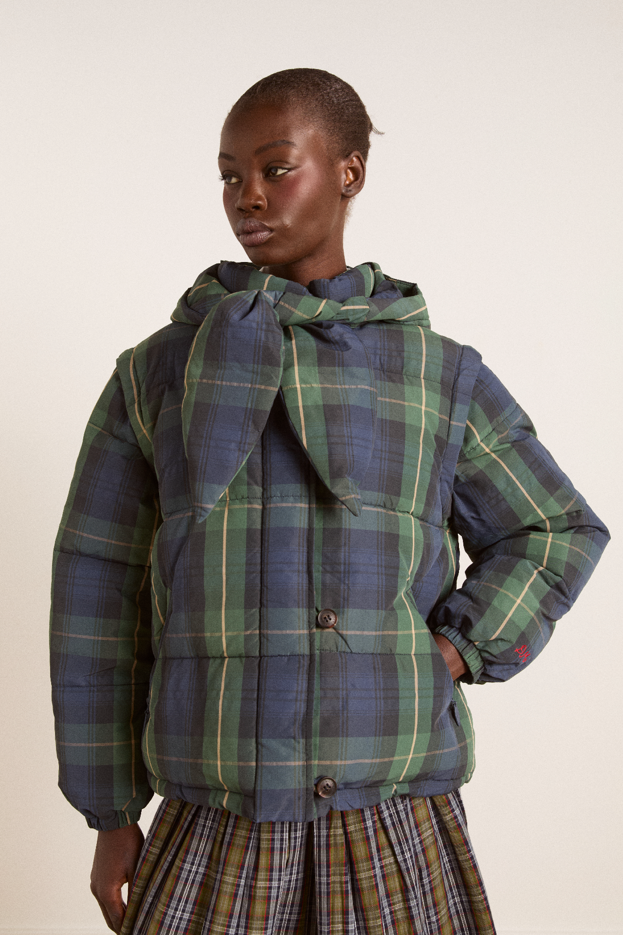 pearl hooded puffer - navy check – Damson Madder