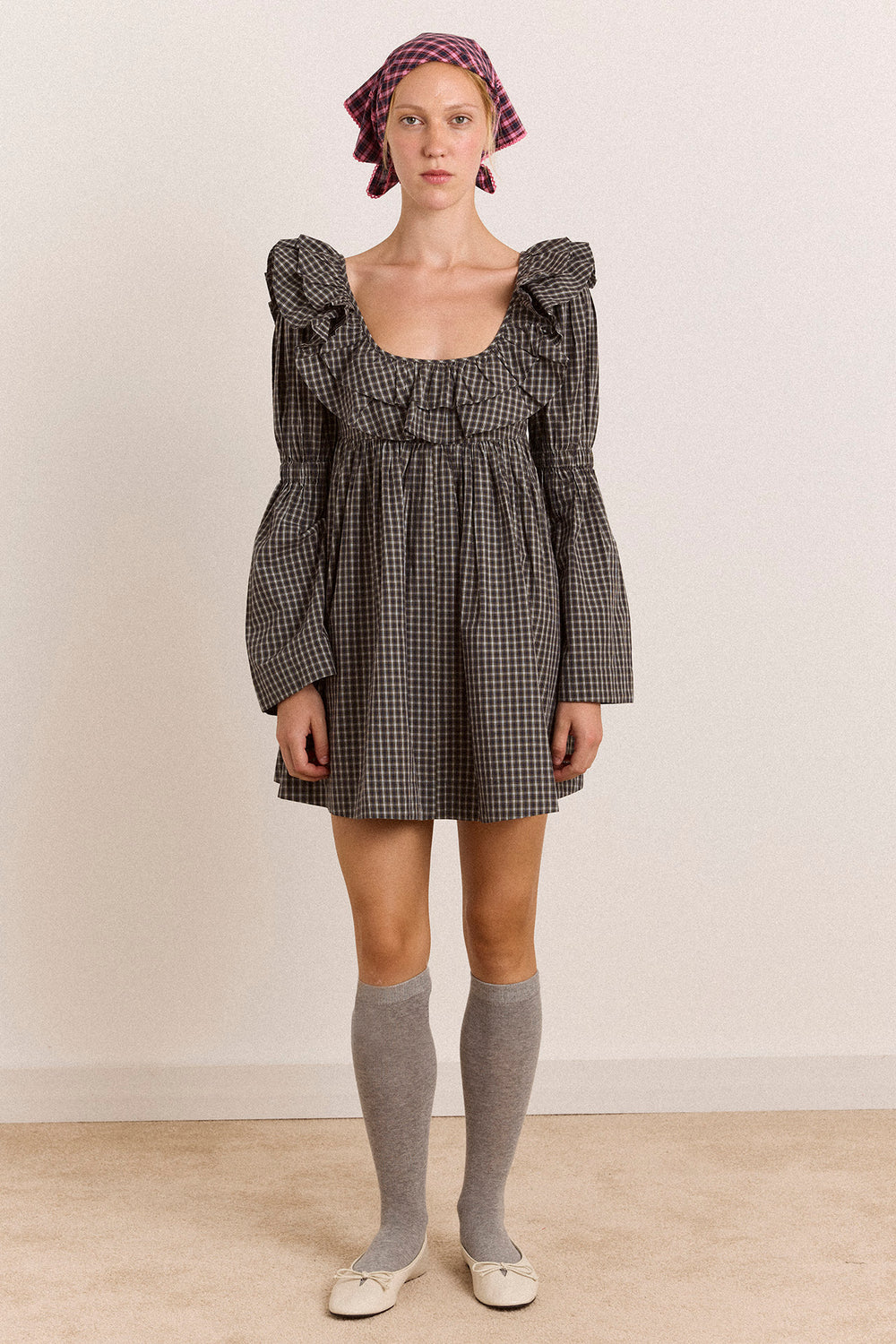 Pheonix Ruffle Mini Dress - Navy Green Check