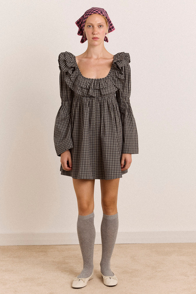 Pheonix Ruffle Mini Dress - Navy Green Check