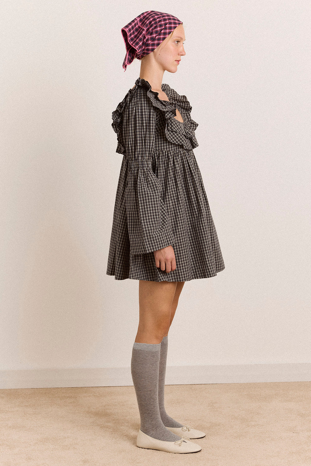Pheonix Ruffle Mini Dress - Navy Green Check