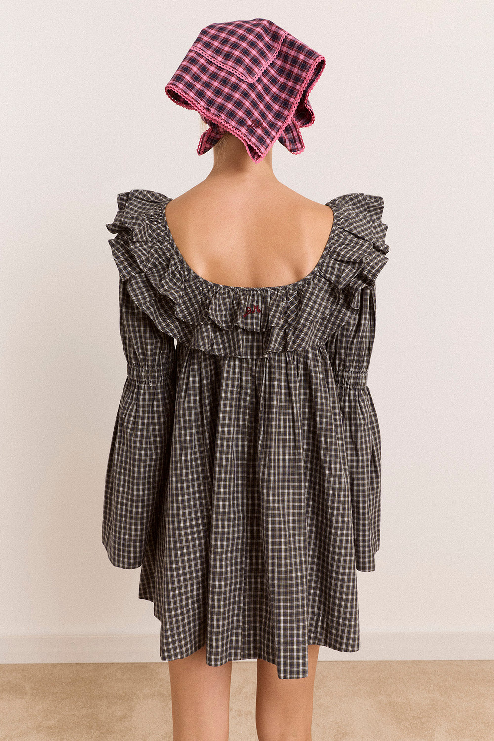 Pheonix Ruffle Mini Dress - Navy Green Check