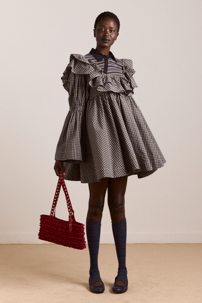 Pheonix Ruffle Mini Dress - Navy Green Check