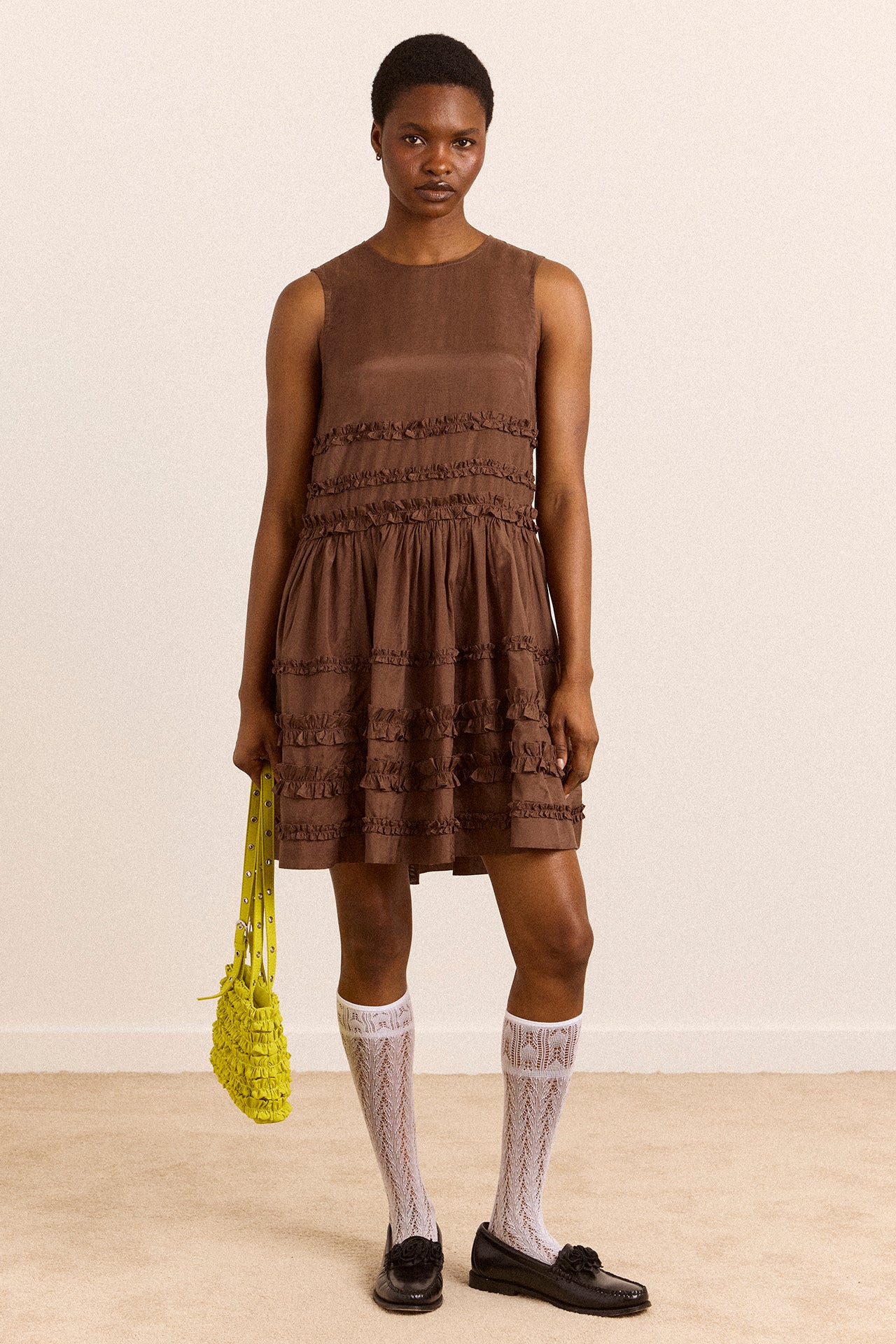 Reed Ruffle Mini Dress - Sheer Choc – Damson Madder