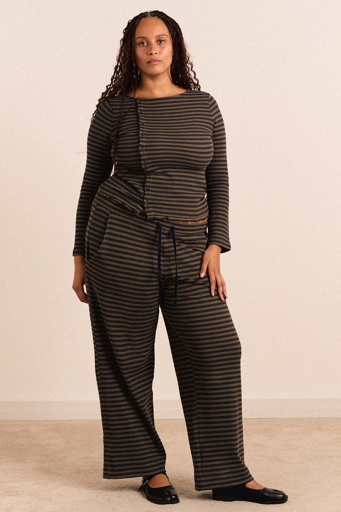 Renee Waffle Jogger - Green/Grey Stripe