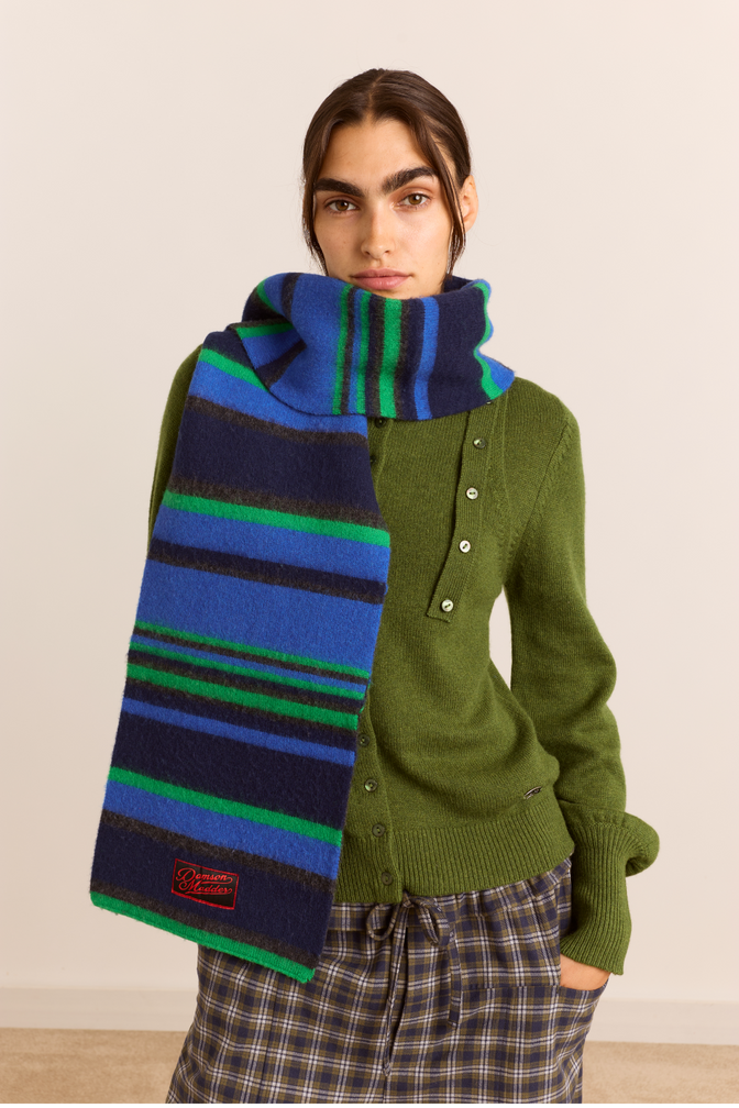 Rene Scarf In Merino Wool - Green/Blue Stripe