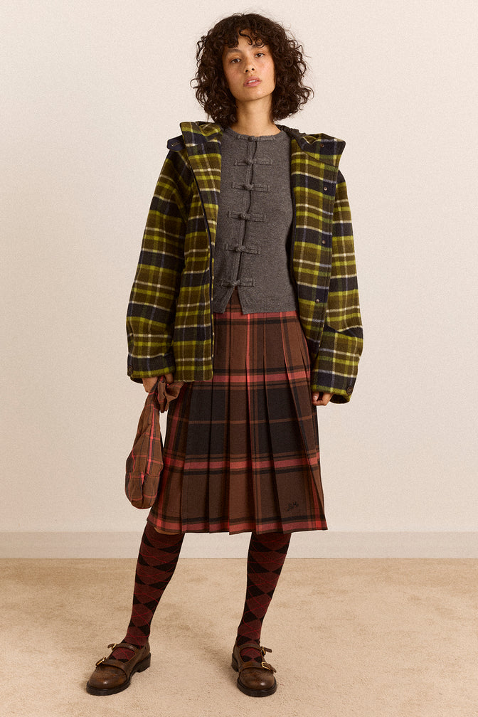 Edison Hooded Wool Blend Coat - Lark Green Check