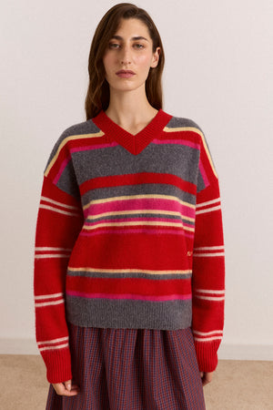 Rene Merino Wool V Jumper Pink/Red Stripe