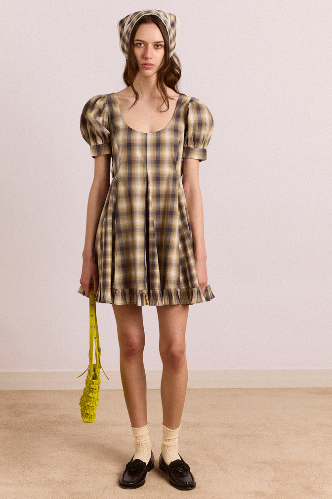 Sabina Mini Godet Dress - Cardamon Mix Check