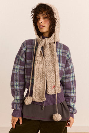 Hooded Pom Pom Wool Scarf - Oatmeal Marl