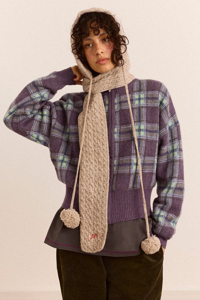 Hooded Pom Pom Wool Scarf - Oatmeal Marl