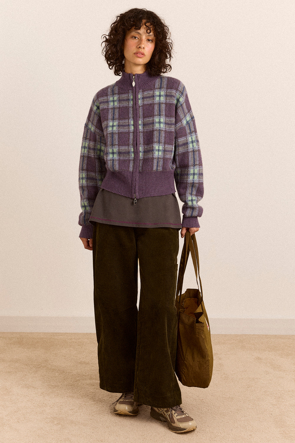Saffy Merino Wool Cardigan - Brushed Check Lilac