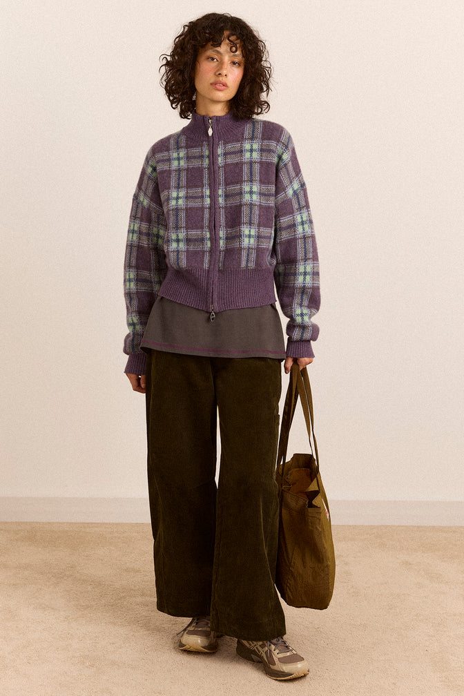 Saffy Merino Wool Cardigan - Brushed Check Lilac