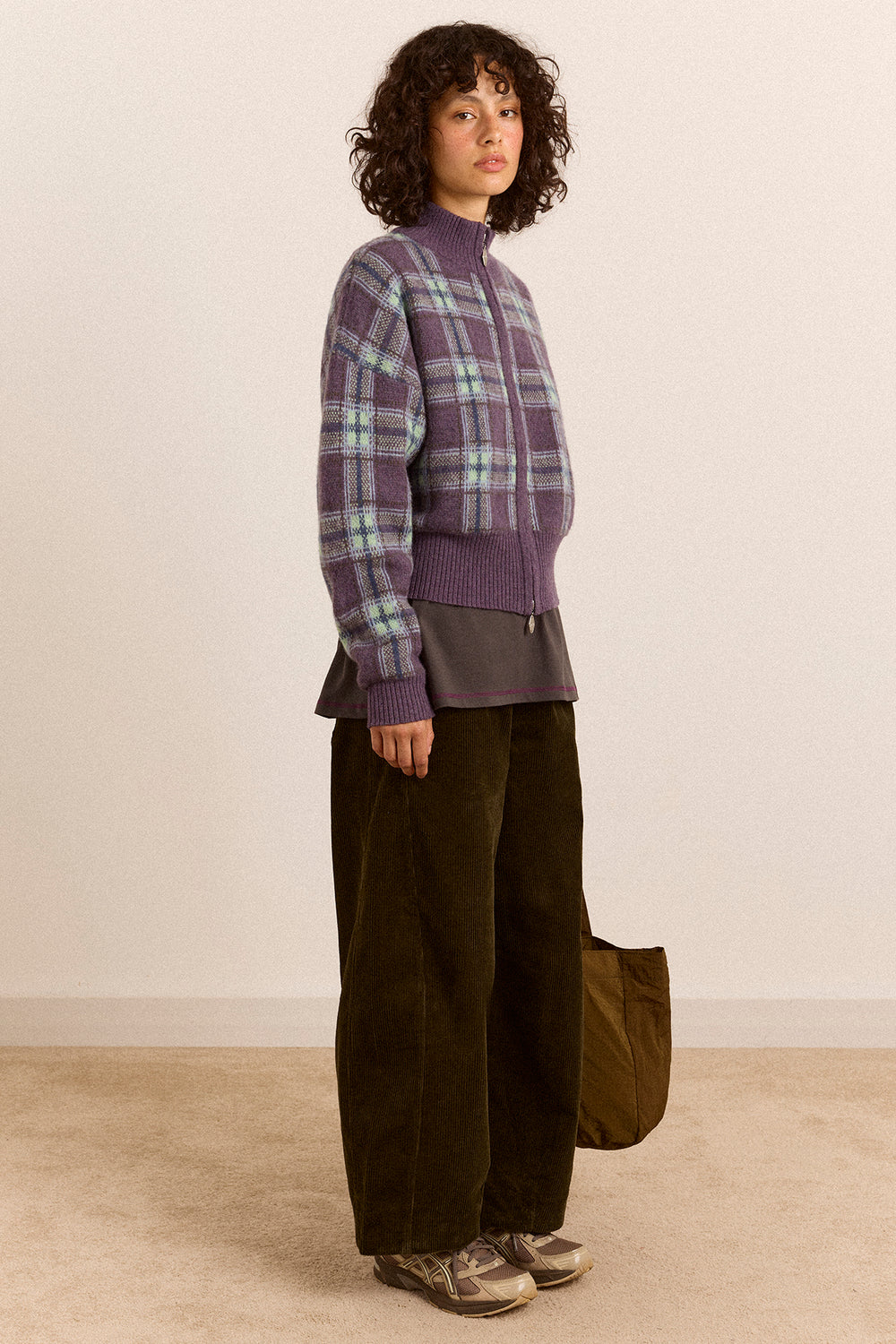 Saffy Merino Wool Cardigan - Brushed Check Lilac