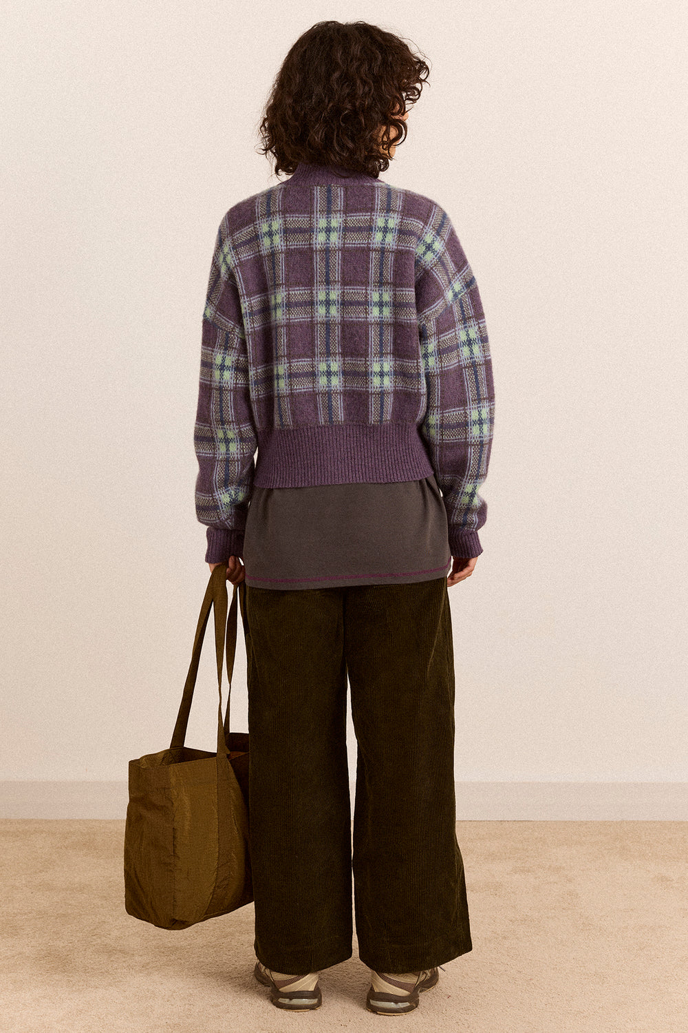Saffy Merino Wool Cardigan - Brushed Check Lilac