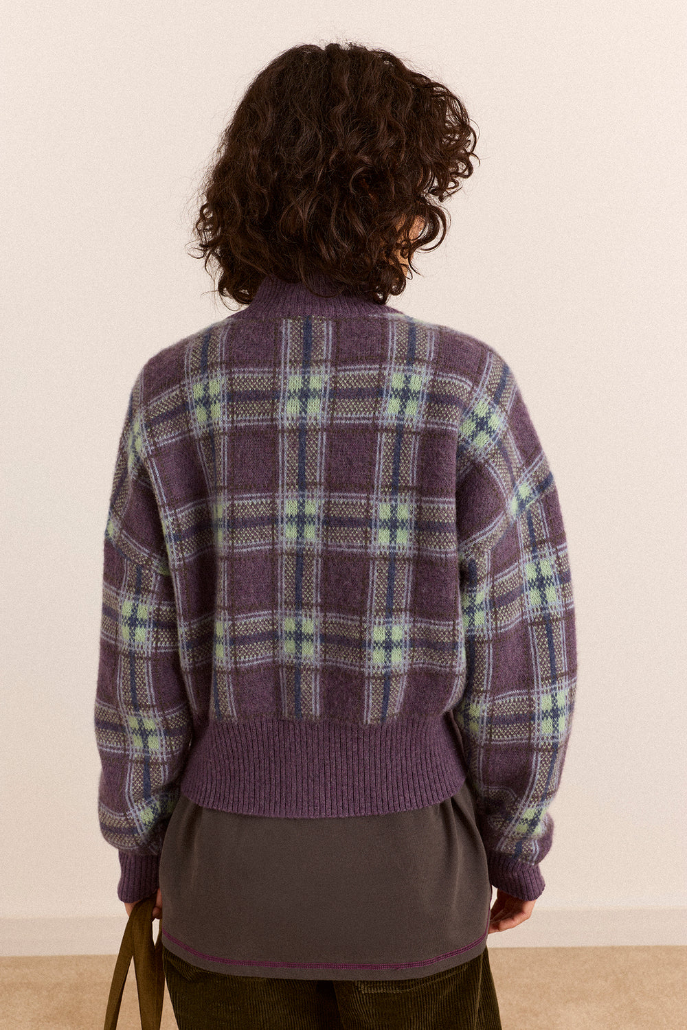 Saffy Merino Wool Cardigan - Brushed Check Lilac