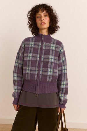 Saffy Merino Wool Cardigan - Brushed Check Lilac