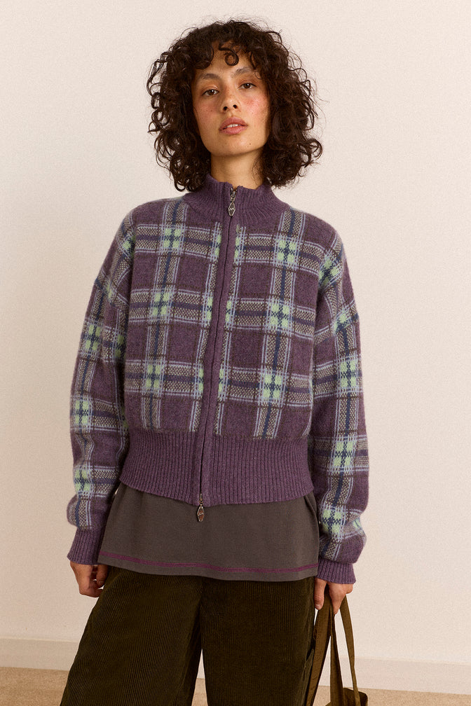Saffy Merino Wool Cardigan - Brushed Check Lilac