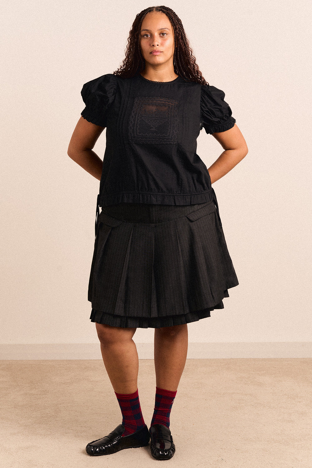 Savannah Double Layered Skirt - Charcoal Pinstripe