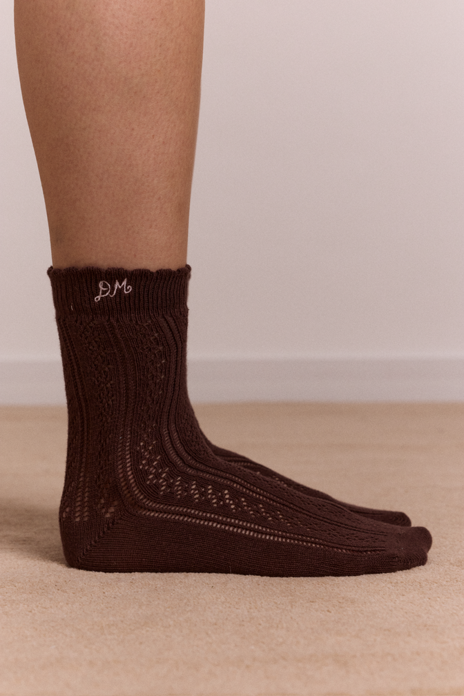 calf length 2 pack pointelle socks - choc & pink