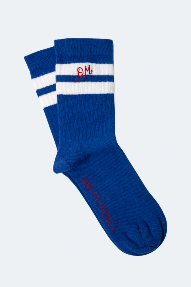 sporty calf socks in cobalt with ecru stripe
