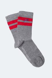 sporty calf socks in grey marl with red stripe