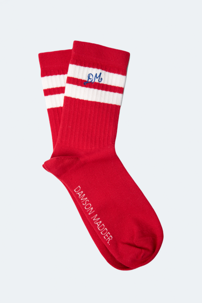 sporty calf length socks in red with ecru stripe