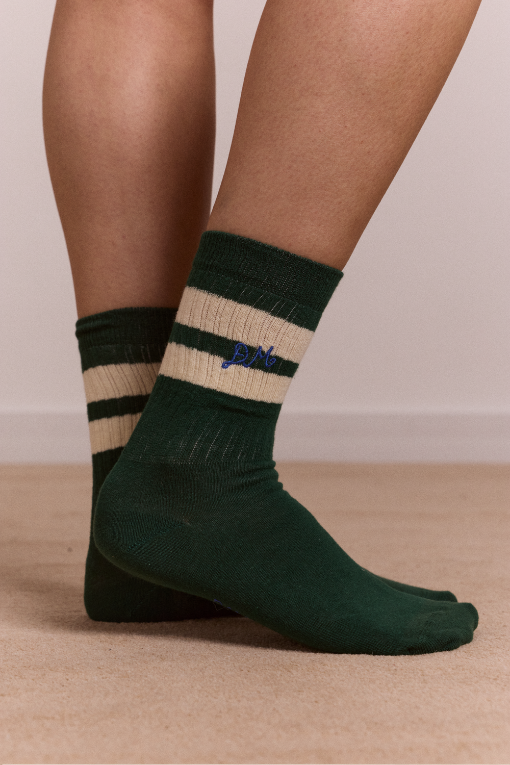 sporty calf length socks - green & cream
