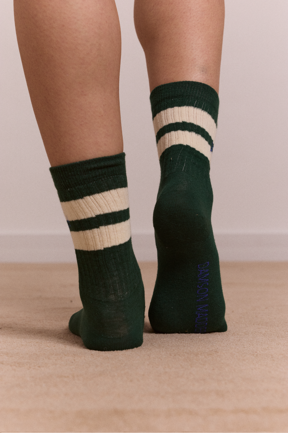 sporty calf length socks - green & cream