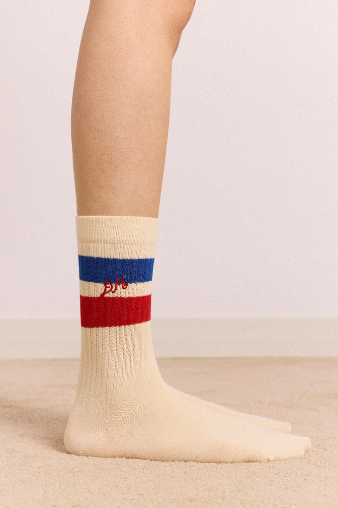 Sporty Calf Length Socks In Cream - Blue & Red Stripe