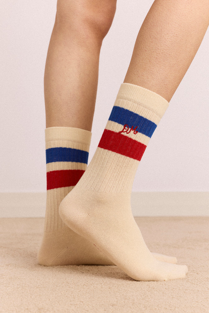 Sporty Calf Length Socks In Cream - Blue & Red Stripe