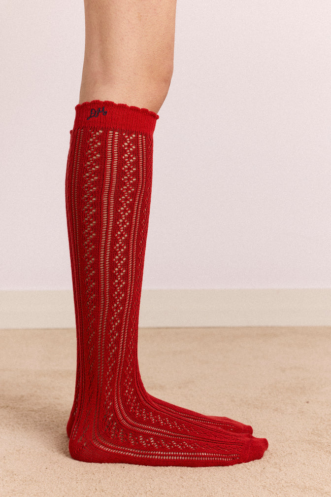 Knee High Pointelle Socks - Red