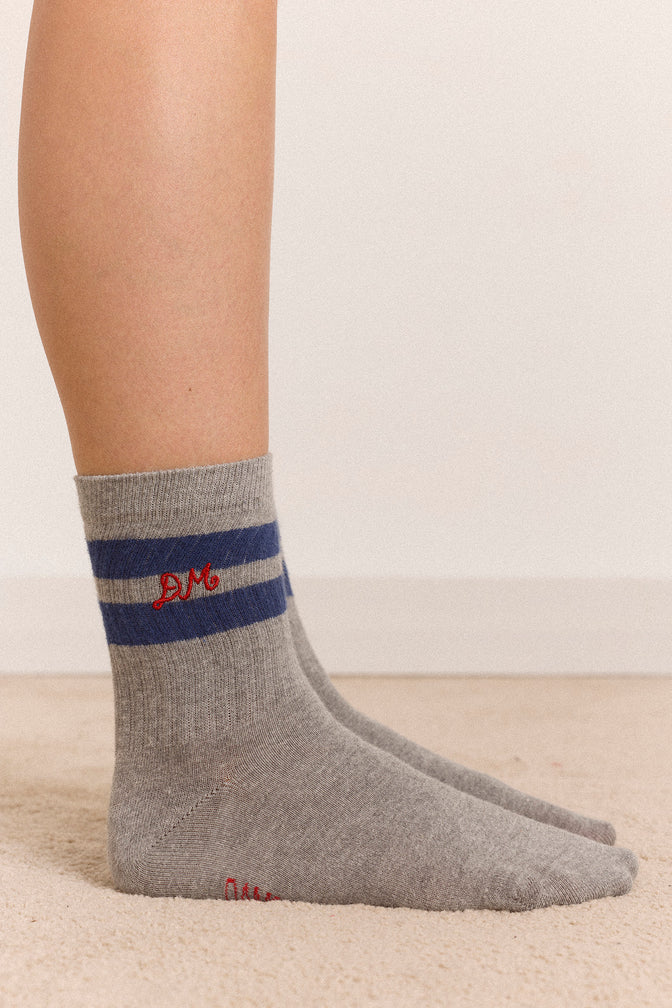Calf Length Sporty Socks - Grey Marl Blue Stripe