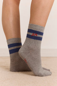Calf Length Sporty Socks - Grey Marl Blue Stripe