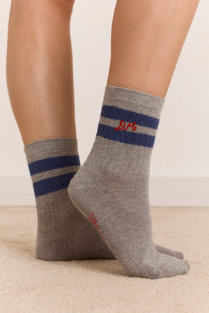Calf Length Sporty Socks - Grey Marl Blue Stripe